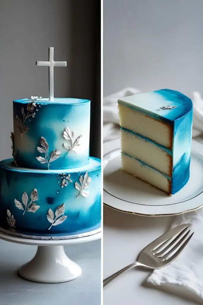 A two-panel image showing the full blue watercolor christening cake and a close-up of a slice revealing the white velvet interior.