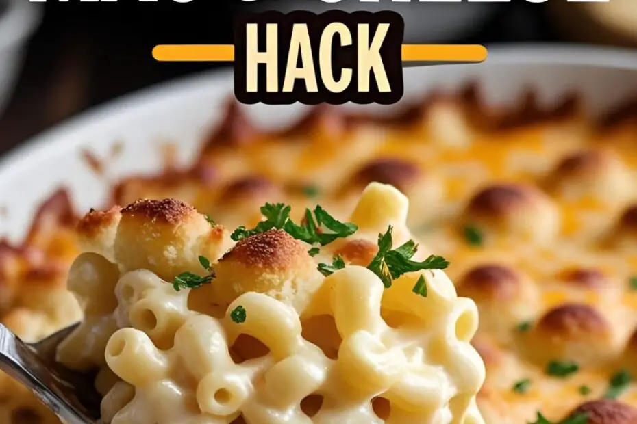 "BOB EVANS MAC & CHEESE HACK" on an inviting image of a golden-brown baked macaroni and cheese.