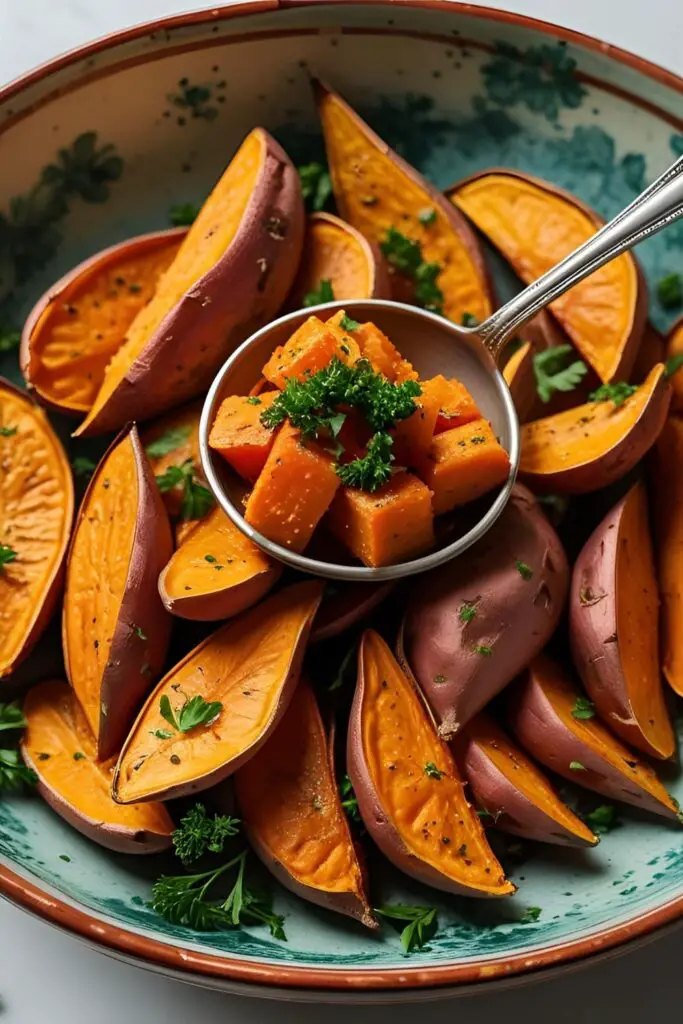 A beautiful ceramic bowl filled with freshly roasted, seasoned sweet potato cubes, ready to be served as a side dish.