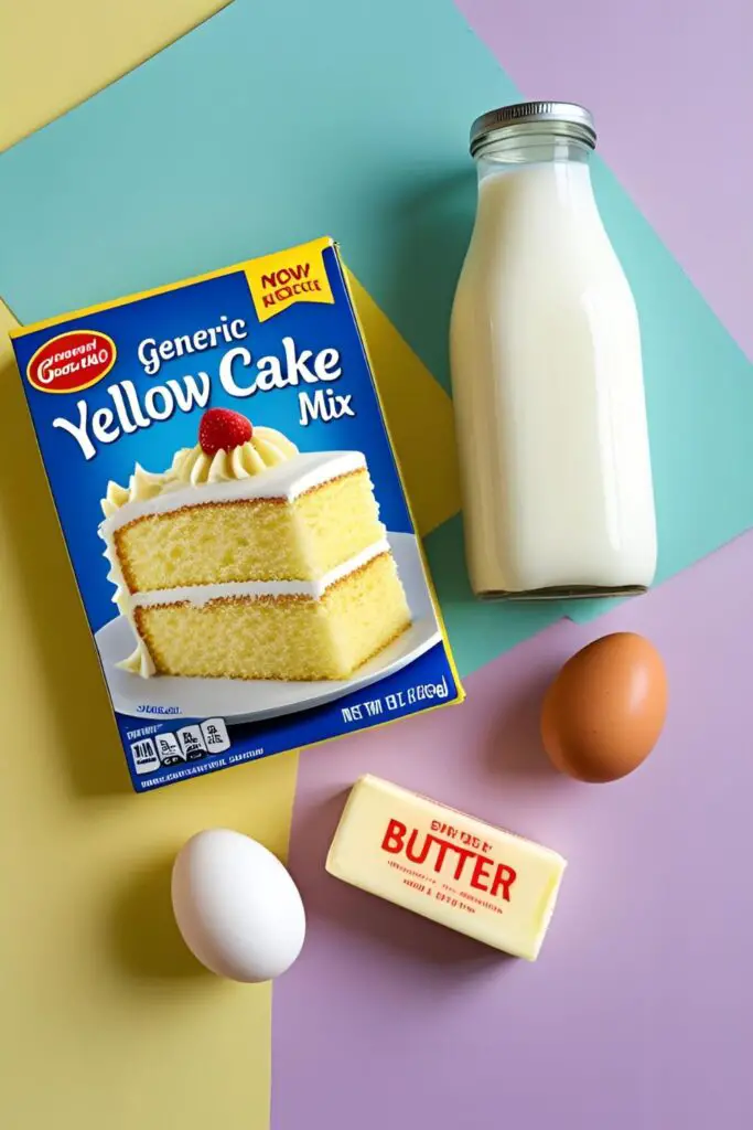 he ingredients for a box cake mix hack, showing a cake mix box next to the upgrade ingredients like milk, butter, and an extra egg.