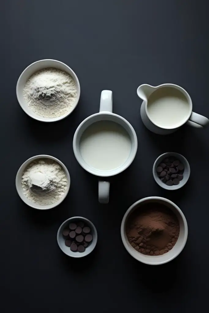The simple ingredients for making a brownie de caneca, arranged neatly around an empty mug.

