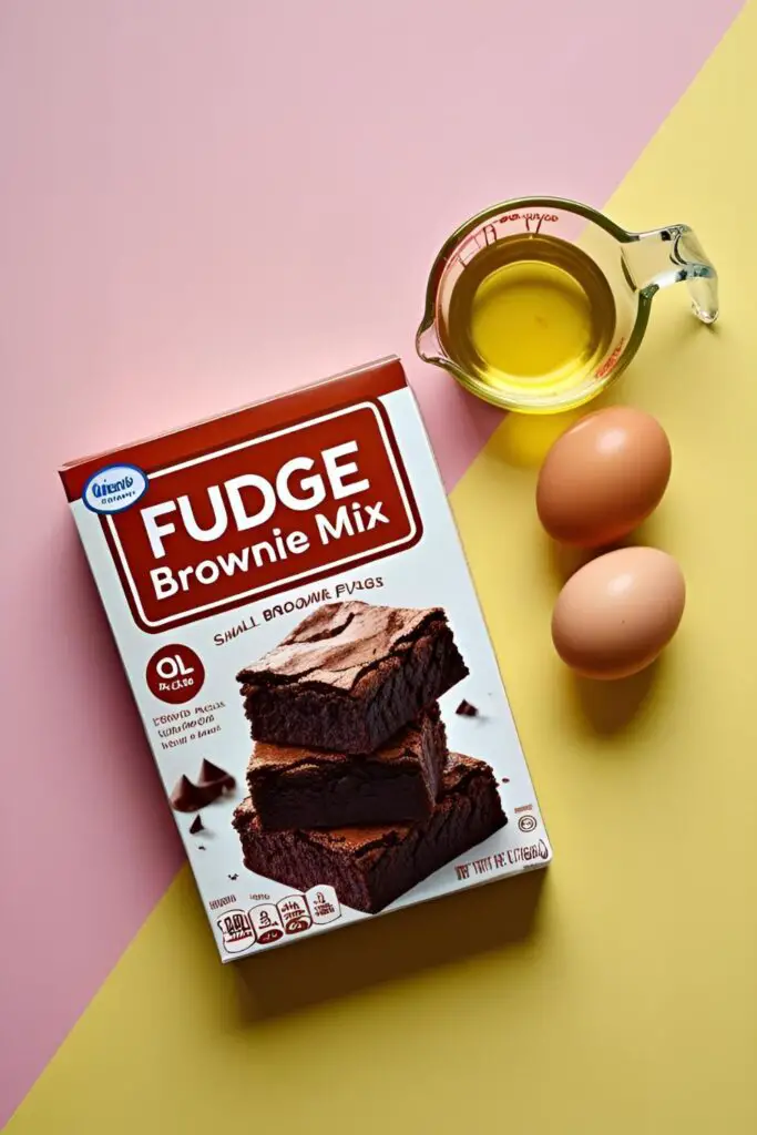 The three simple ingredients for making brownie mix cookies: a box of fudge brownie mix, eggs, and oil.

