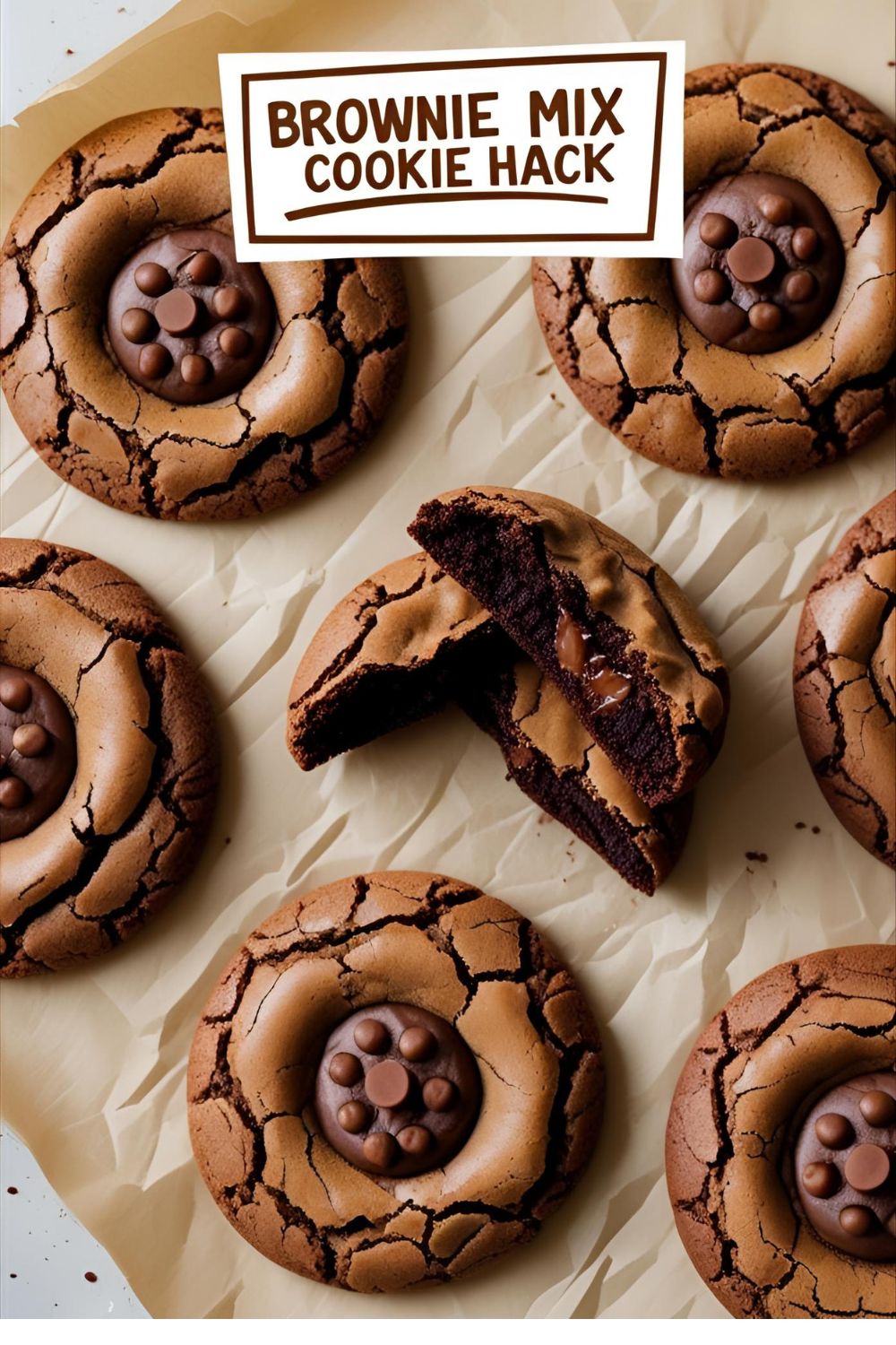 A delicious stack of brownie mix cookies, with one broken in half to show the fudgy, gooey interior.