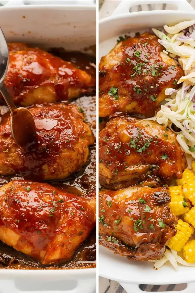 The process of adding BBQ sauce to baked chicken and the final delicious meal ready to be served.