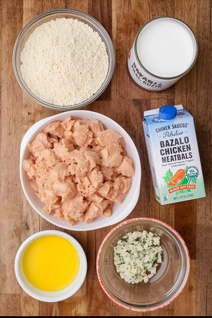 The essential ingredients for making easy and flavorful buffalo chicken meatballs at home.