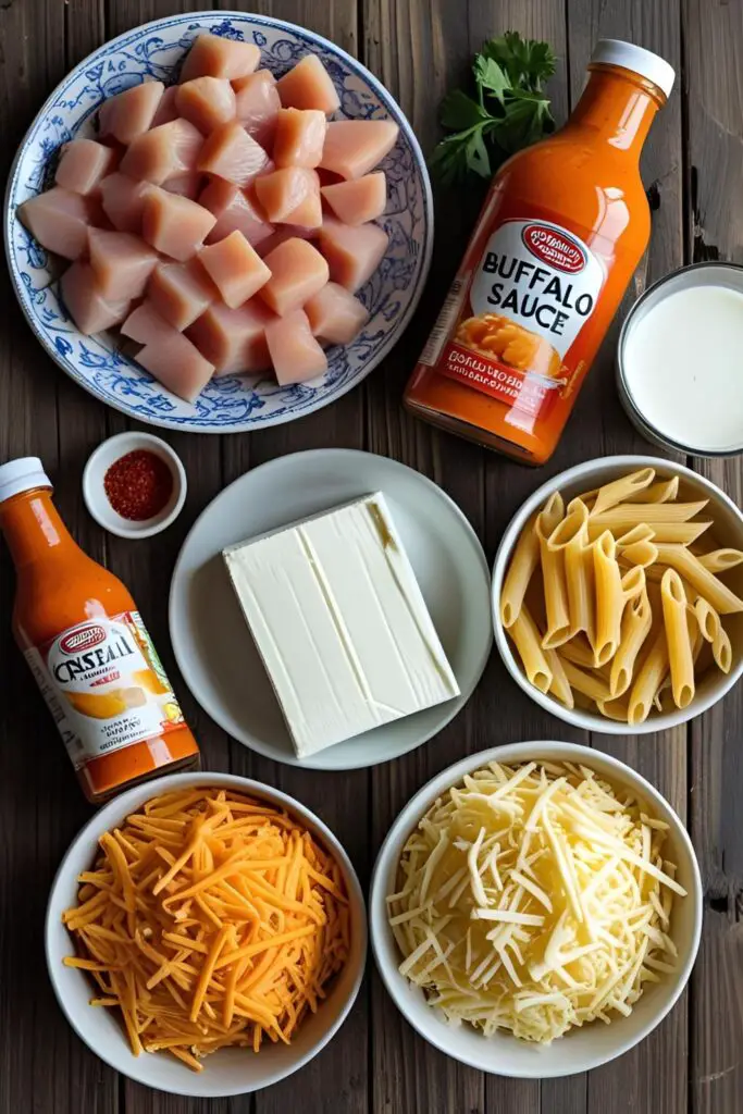 A flat lay of ingredients for buffalo chicken pasta, including raw chicken, buffalo sauce, pasta, cream cheese, milk, and shredded cheese.