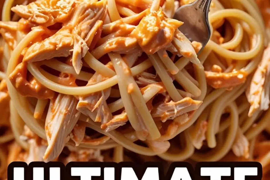 A creamy bowl of buffalo chicken pasta with a vibrant orange sauce, with the text overlay "Spicy Buffalo Chicken Pasta.