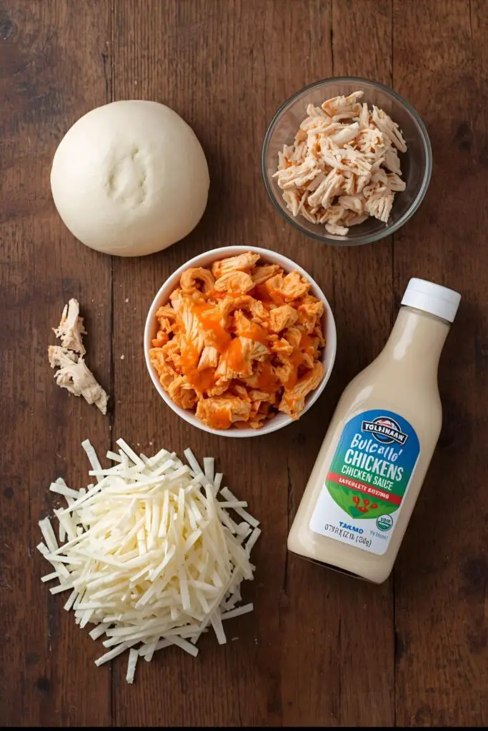 A flat lay of the ingredients for buffalo chicken pizza: pizza dough, cooked chicken, buffalo sauce, ranch dressing, and mozzarella cheese.
