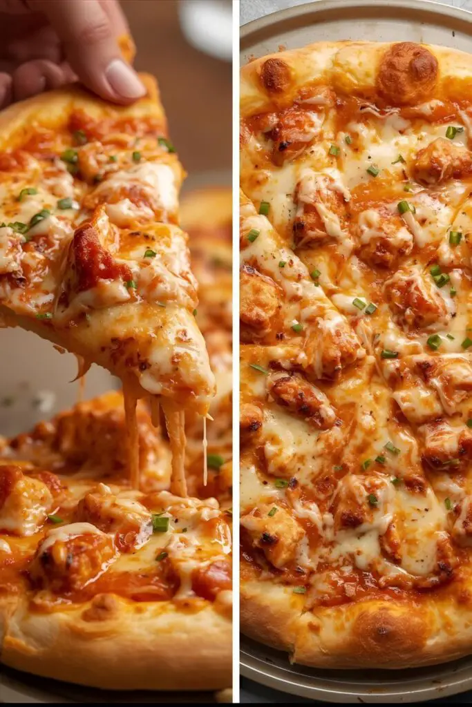  A close-up of a slice of buffalo chicken pizza, next to a whole baked pizza on a pizza stone.