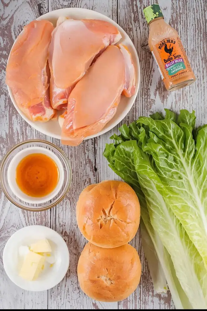 The fresh and flavorful ingredients needed to make a perfect buffalo chicken sandwich.