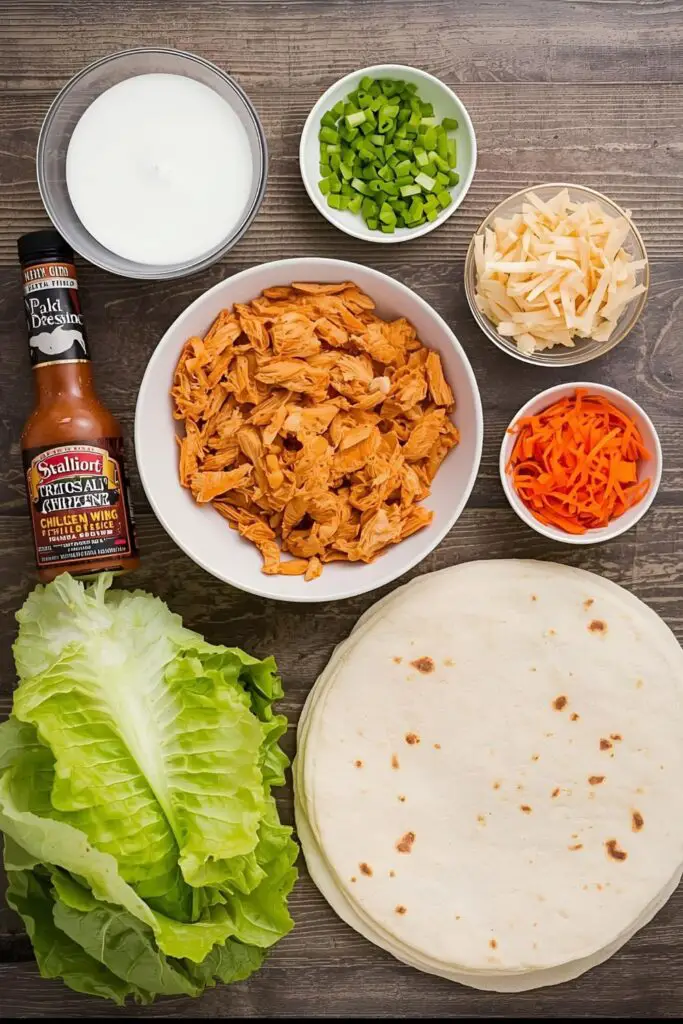A flat lay of ingredients for a buffalo chicken wrap: tortillas, chicken, buffalo sauce, ranch, celery, and carrots.