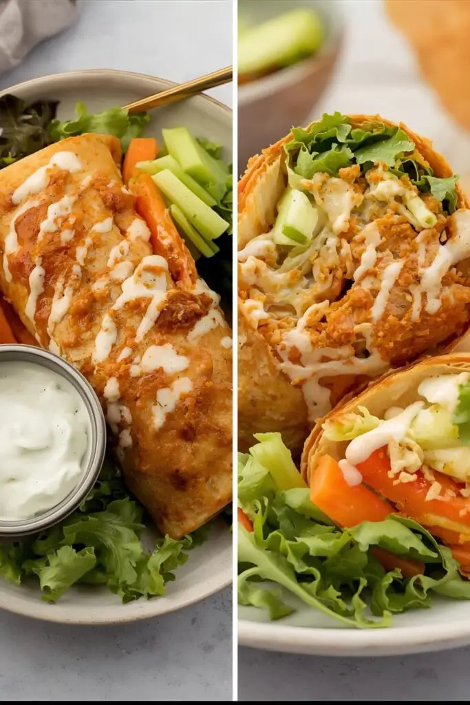 A close-up of a sliced buffalo chicken wrap, next to a plated version with a side of celery sticks.