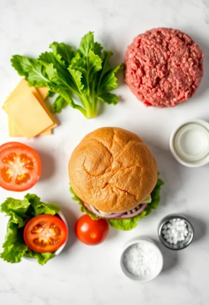 A clean flat lay collage of essential burger ingredients: raw 80/20 ground beef, a toasted brioche bun, slices of cheddar cheese, fresh lettuce, tomato, onion, and a container of salt and pepper.