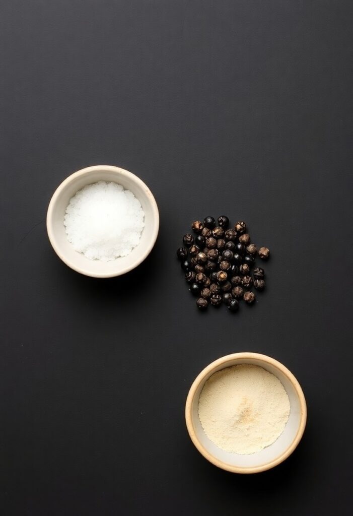 A minimalist flat lay collage of burger seasoning ingredients: a small bowl of coarse kosher salt, a pile of freshly ground black peppercorns, and a small bowl of garlic powder on a dark slate background.