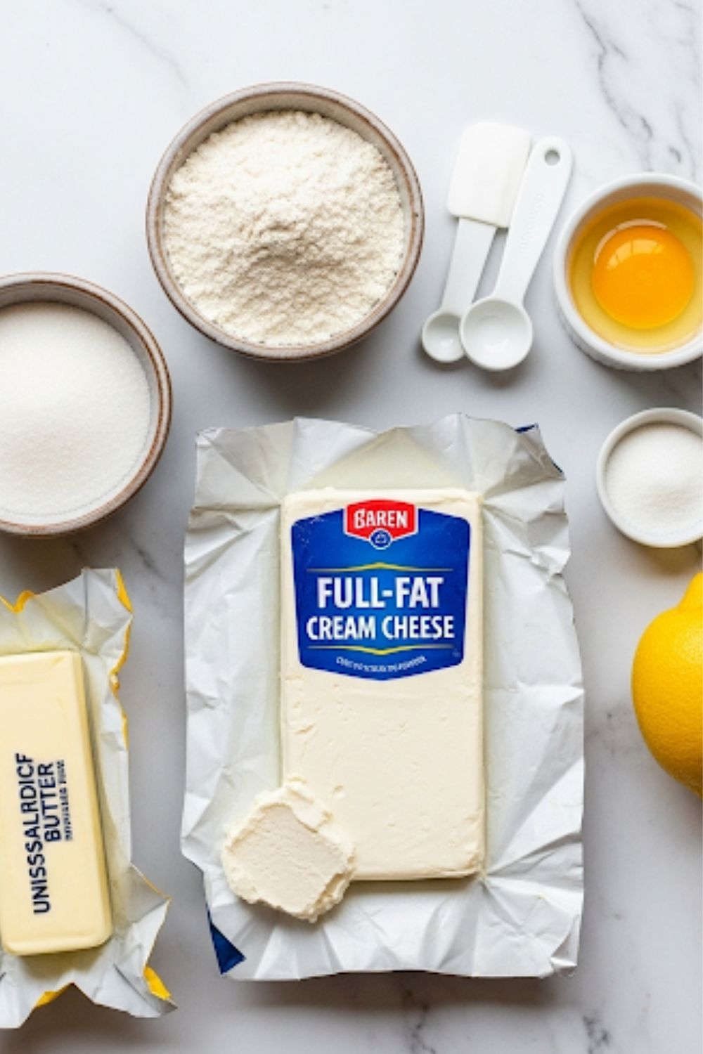 A clean flat lay collage of ingredients for burnt cheese cookies: a block of full-fat cream cheese, butter, flour, sugar, an egg yolk, and a lemon on a marble background.