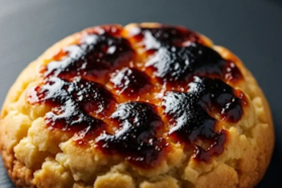Text overlay "The Burnt Cheese Cookie" on a dramatic, close-up shot of a single cookie showcasing its dark, caramelized cheesecake top and buttery shortbread crust.
