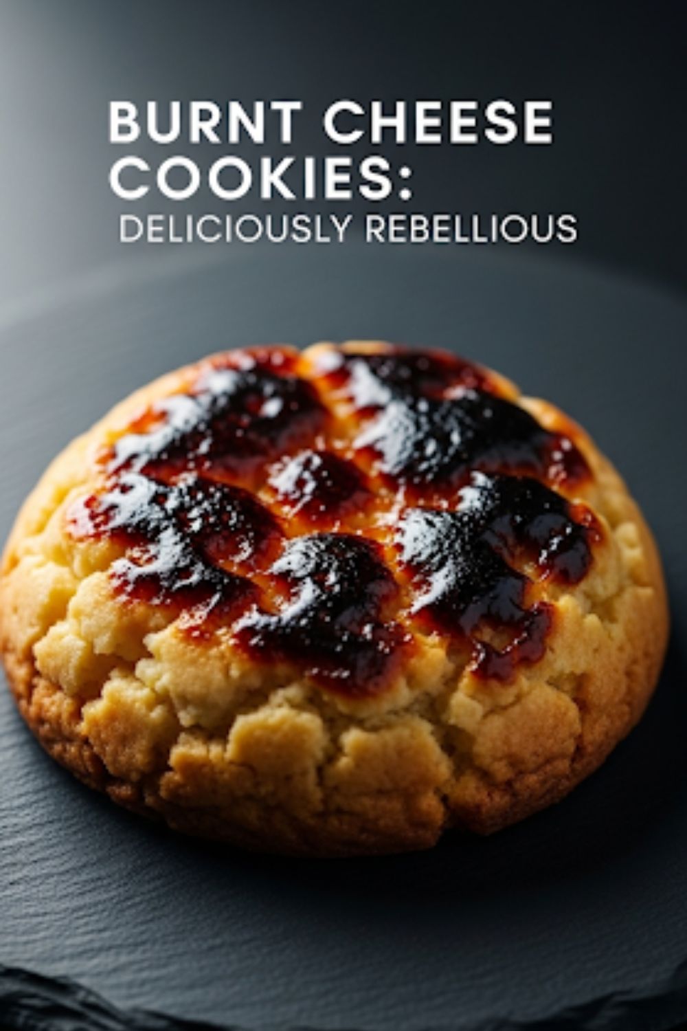 Text overlay "The Burnt Cheese Cookie" on a dramatic, close-up shot of a single cookie showcasing its dark, caramelized cheesecake top and buttery shortbread crust.