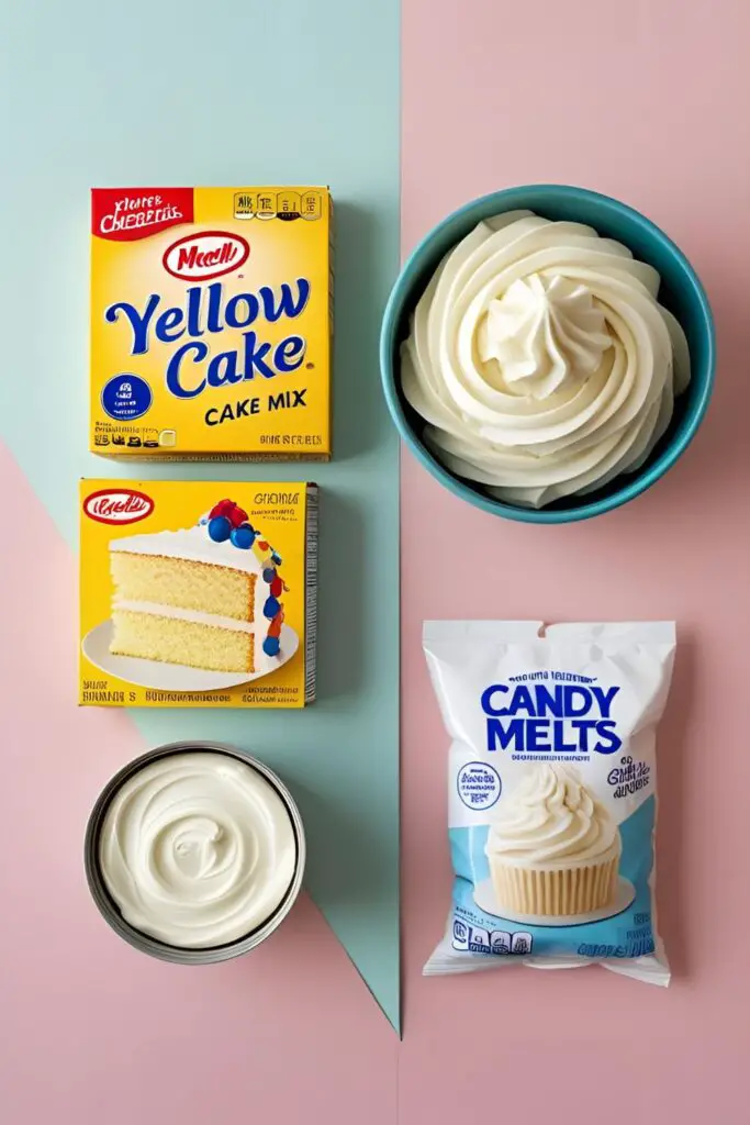 A flat lay of the key ingredients for making easy cake balls: a box of cake mix, a can of frosting, and candy melts.