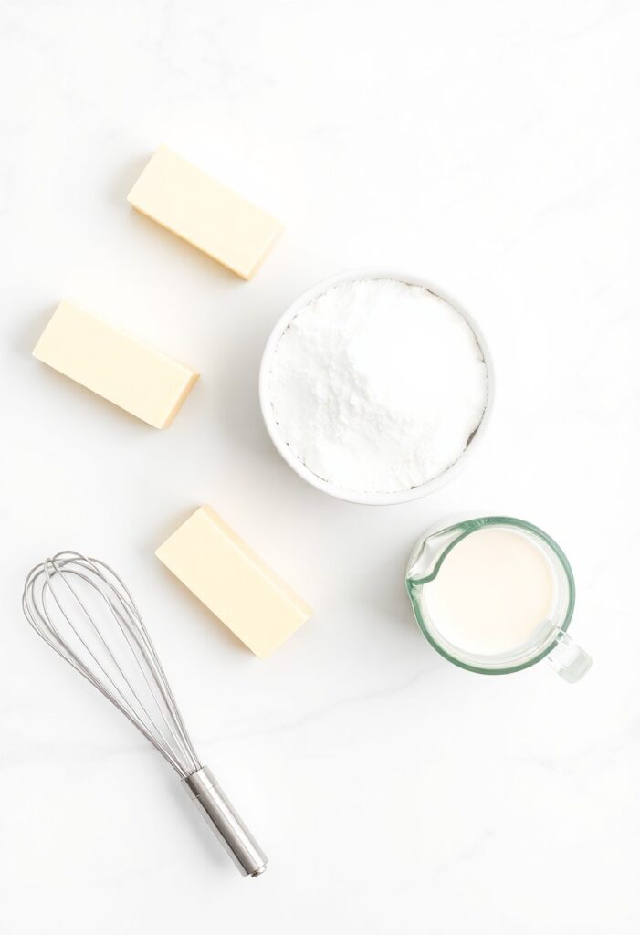 A clean flat lay of ingredients for cake cream: sticks of butter, powdered sugar, vanilla extract, and a small pitcher of cream on a white marble background.