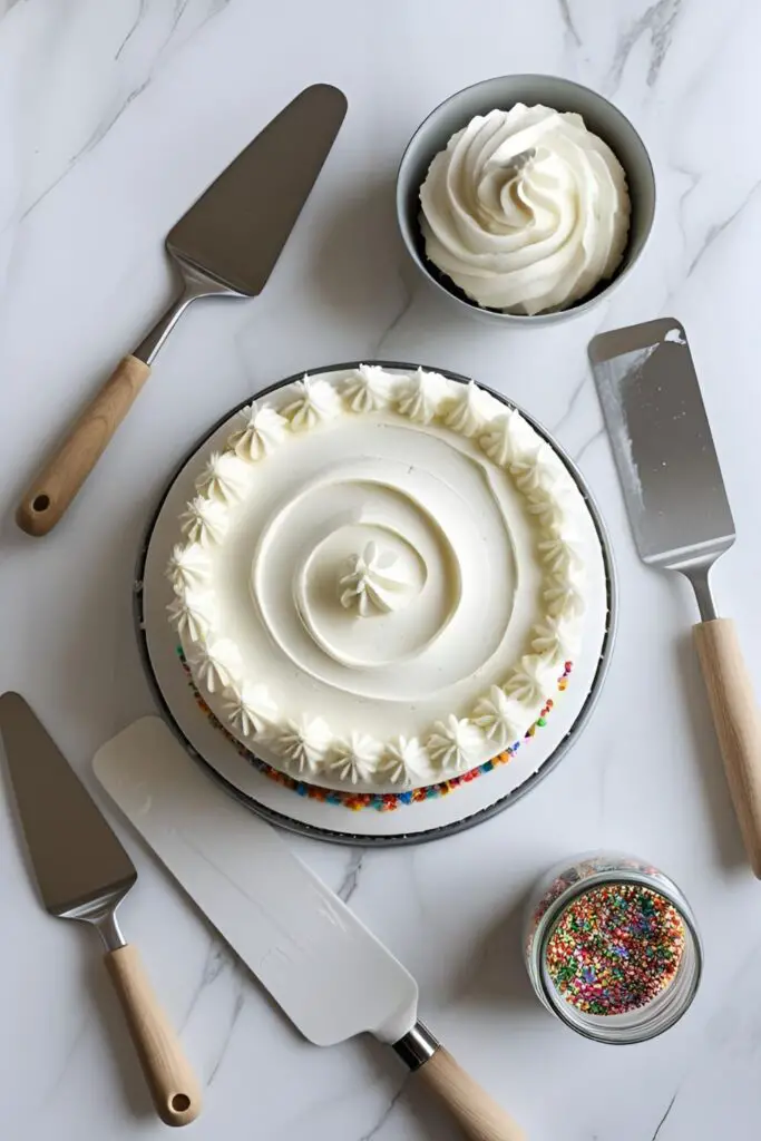 A flat-lay collage of cake decorating tools like a turntable, offset spatula, and bench scraper next to a bowl of white buttercream and colorful sprinkles.