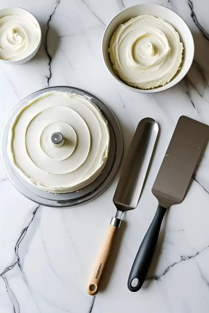The essential tools for frosting a cake for beginners: a turntable, an offset spatula, and a bench scraper.