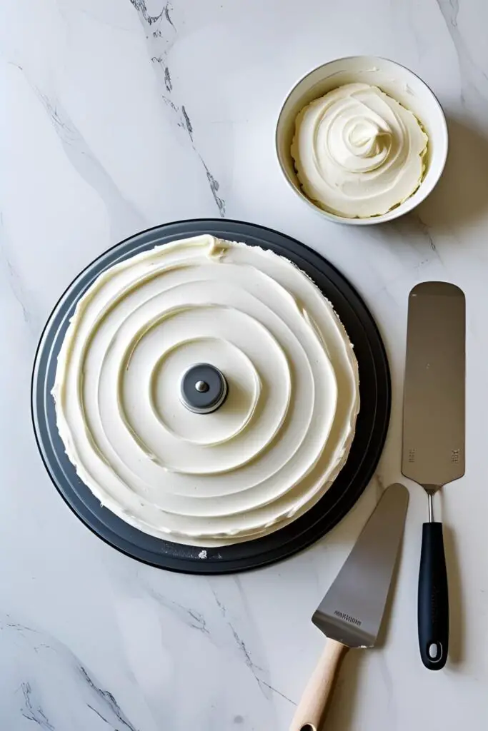 The essential tools for decorating a cake for beginners: a turntable, an offset spatula, and a bench scraper.