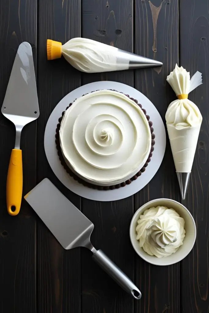  The essential tools for icing a cake: a turntable, offset spatula, bench scraper, and a bowl of buttercream frosting.