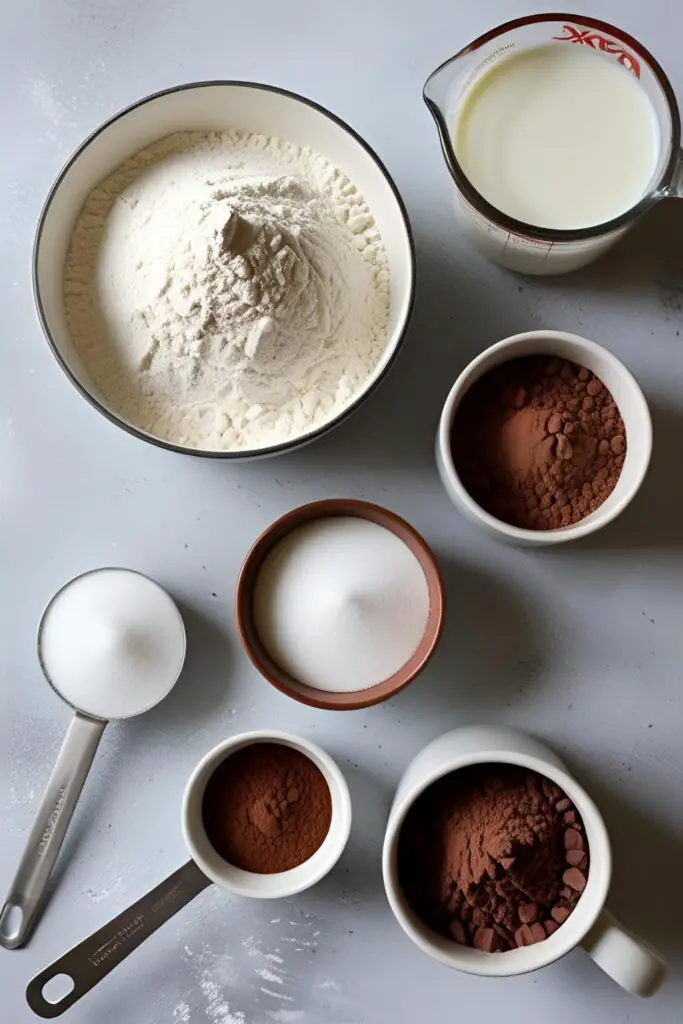  A flat lay of the simple ingredients for a cake in a mug recipe, including flour, sugar, cocoa powder, and milk.