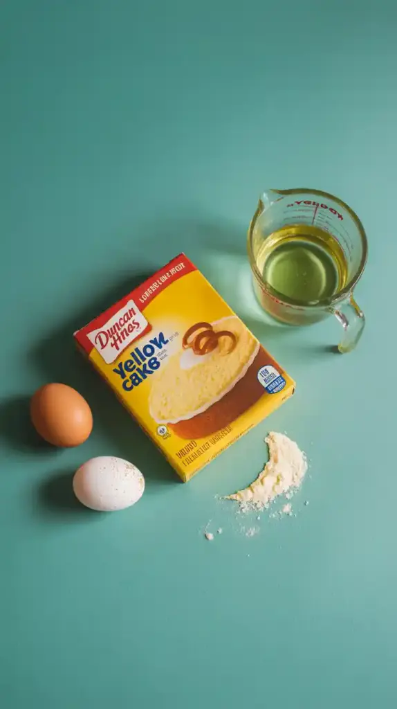 The three simple ingredients for making easy cake mix cookies: a box of cake mix, eggs, and oil.

