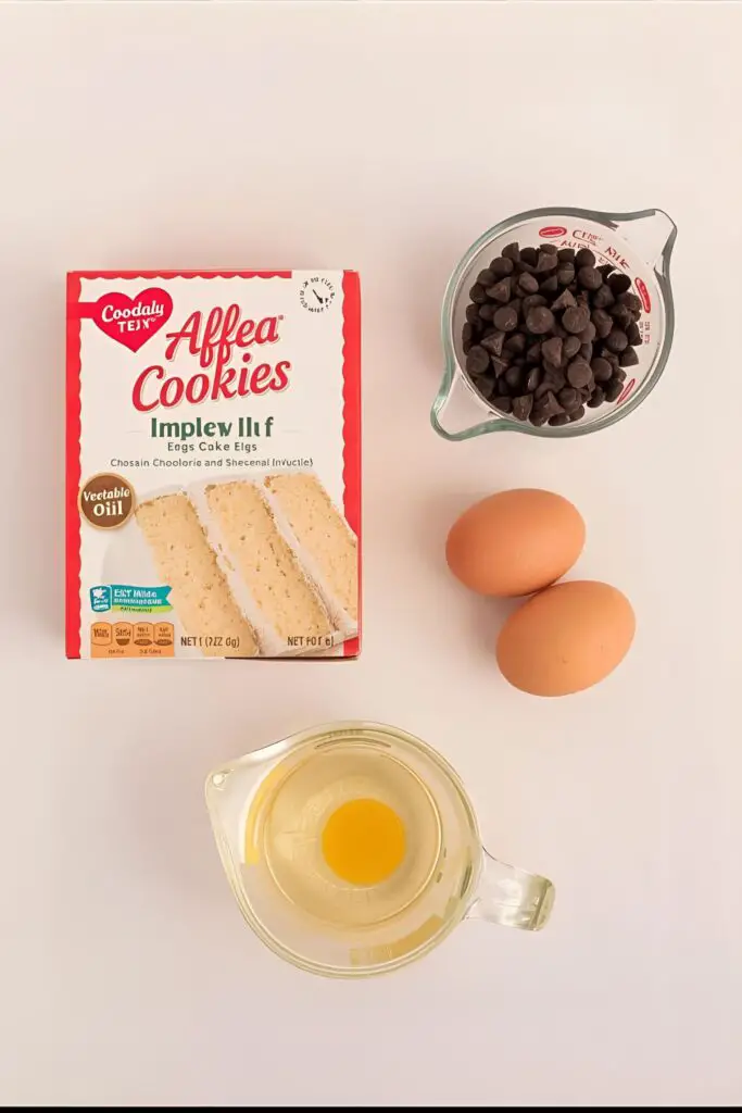 A flat-lay collage of the 3 simple ingredients for cake mix cookies: a box of yellow cake mix, two eggs, and a measuring cup of oil.