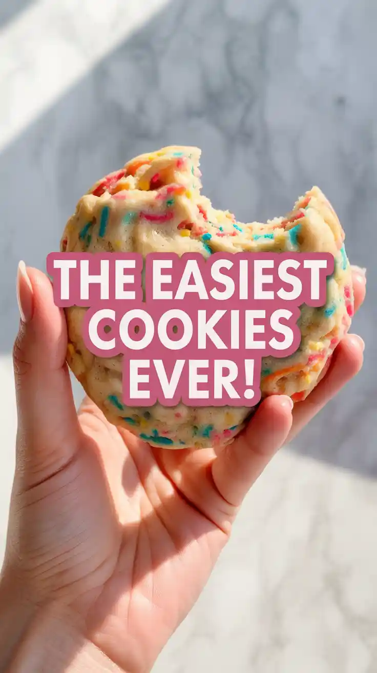 A delicious and colorful Funfetti cake mix cookie with a bite taken out, showcasing its soft and chewy texture.