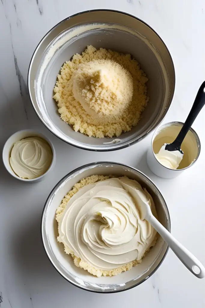 A large bowl of cake crumbs next to a tub of frosting, showing the first step in making cake pop dough.