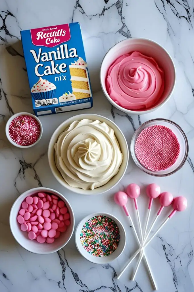 A flat lay of ingredients for making cake pops: a box of vanilla cake mix, a can of vanilla frosting, a bag of pink candy melts, and white sprinkles.