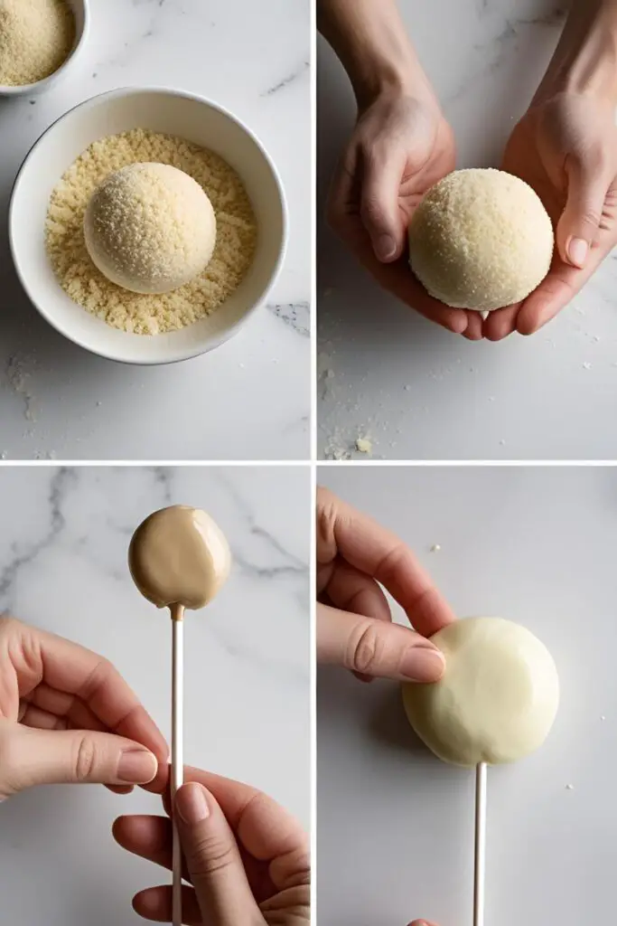  A step-by-step collage showing the process of making cake pops, from crumbling the cake to dipping the pop.