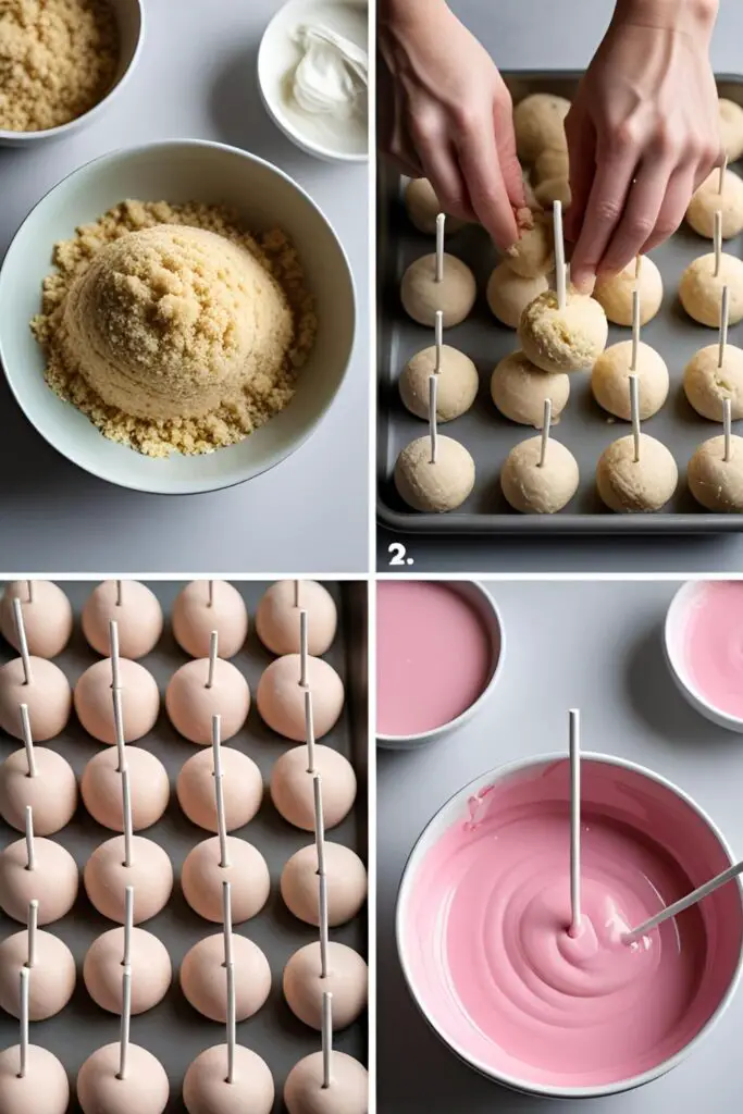 The process of making cake pop dough, including crumbling the cake, mixing with frosting, and rolling into balls.