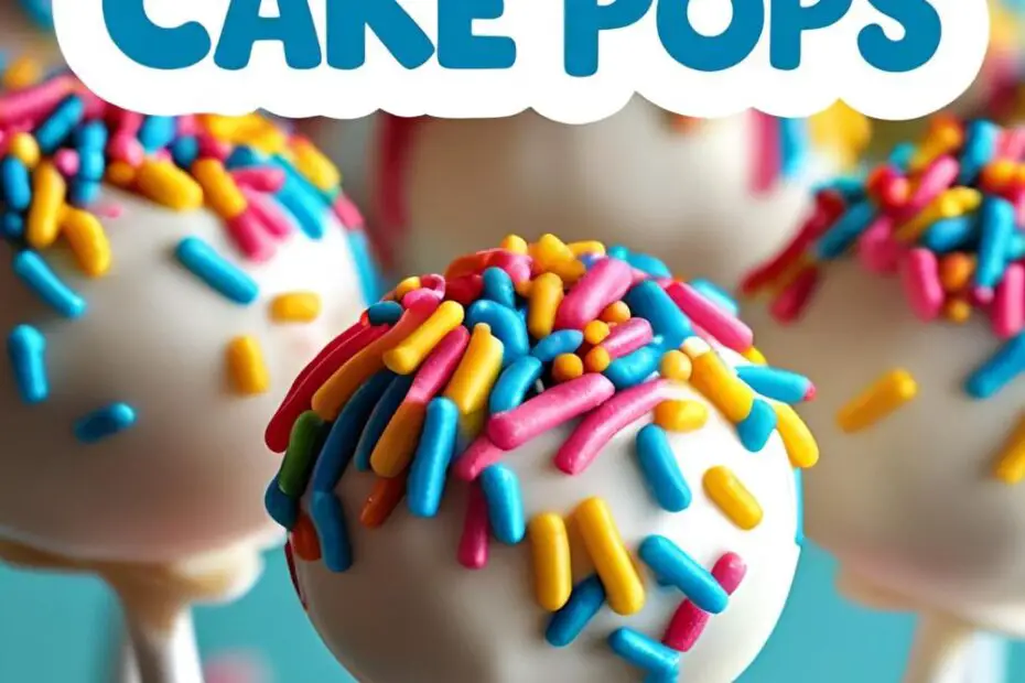 A collection of colorful, sprinkle-covered homemade cake pops displayed in a stand, ready for a party.