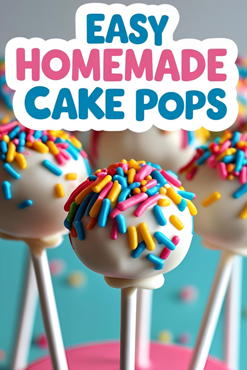 A collection of colorful, sprinkle-covered homemade cake pops displayed in a stand, ready for a party.