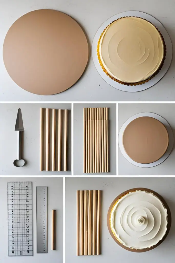 A flat lay of the essential tools and supplies for stacking cakes, including dowels, cake boards, and cutters.

