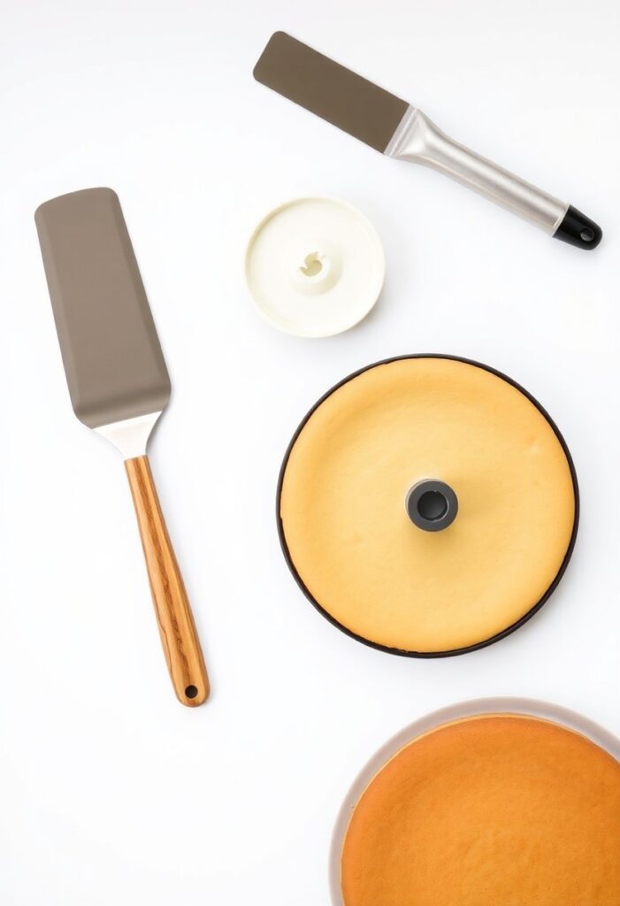A neat flat lay collage of essential cake icing tools: an offset spatula, a bench scraper, a small turntable, a piping bag with a tip, and a freshly baked cake layer.