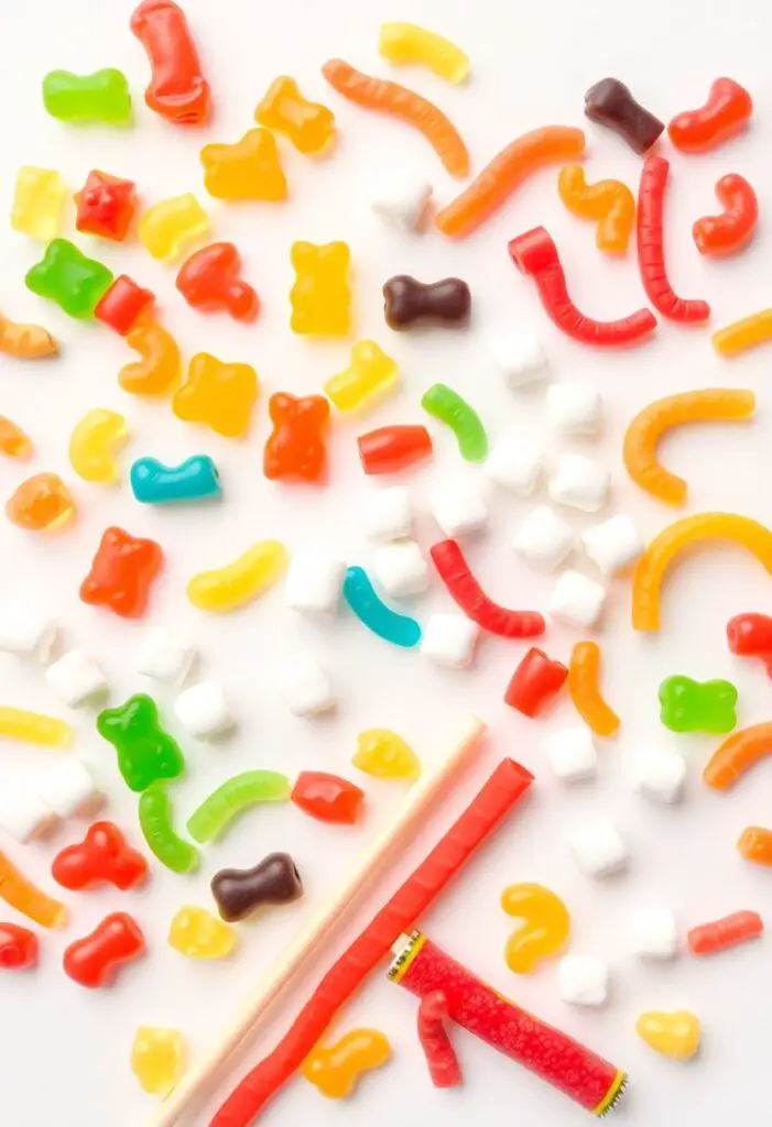 A neat flat lay collage of various colorful candies spread out on a white background, including gummy bears, sour worms, marshmallows, and rainbow sour belts, ready for kabob assembly.