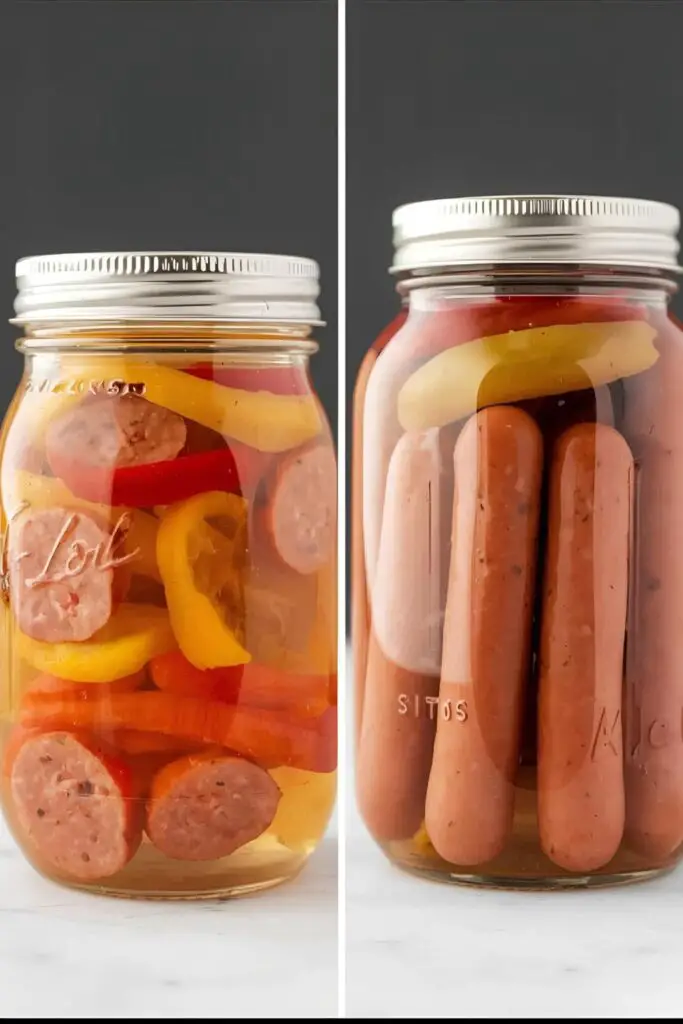Close-up shots of two jars of canned peppers and wieners, one pint and one quart.