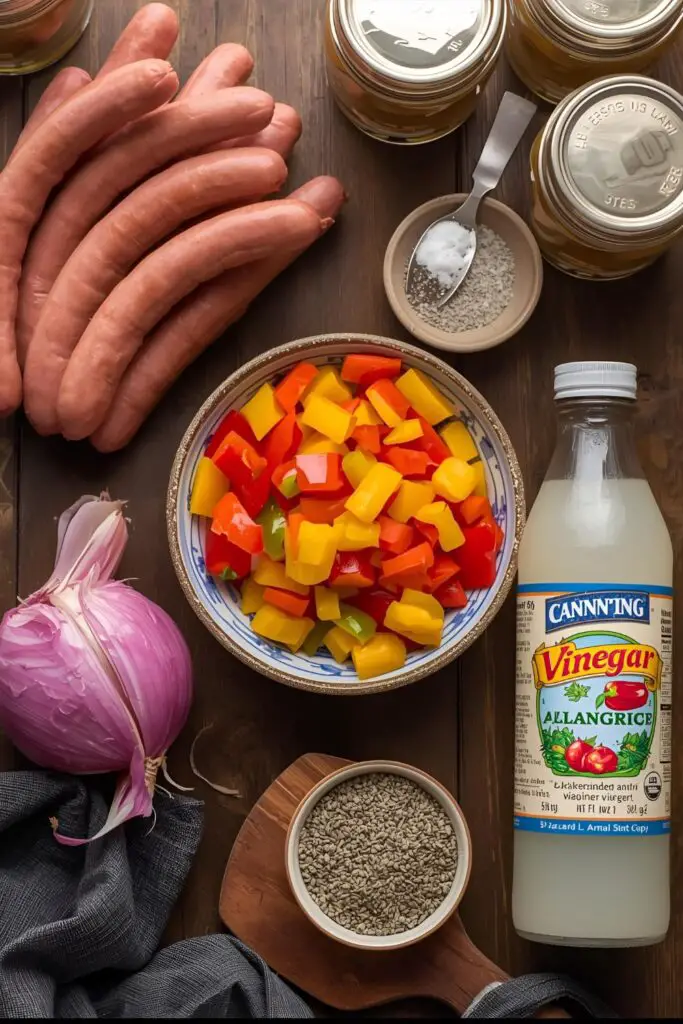 A flat lay of ingredients for canning peppers and wieners: wieners, bell peppers, onion, vinegar, and canning spices.