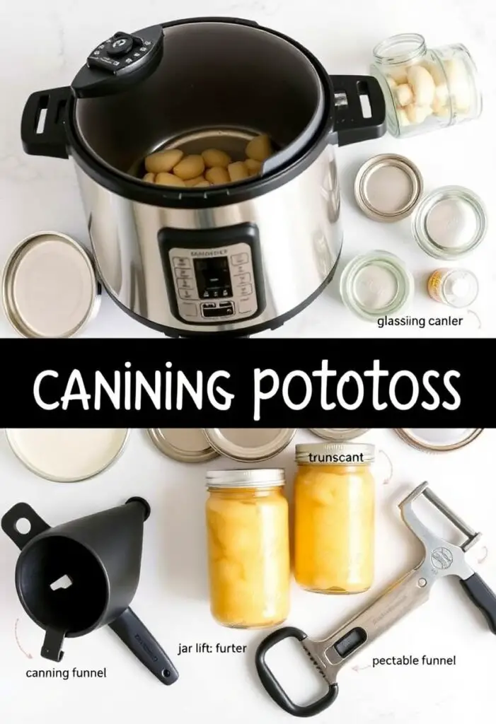 A flat lay collage of the essential tools for canning potatoes: a large pressure canner, glass canning jars, lids, a jar lifter, a canning funnel, and a vegetable peeler.