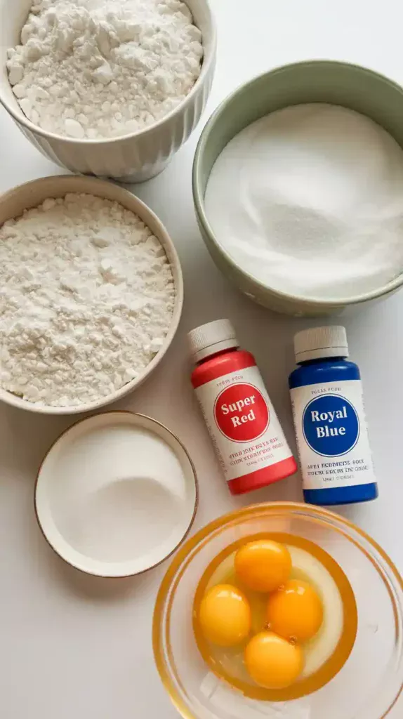 A flat-lay photo of ingredients for a Captain America cake, including flour, sugar, eggs, and vibrant red and blue gel food coloring.