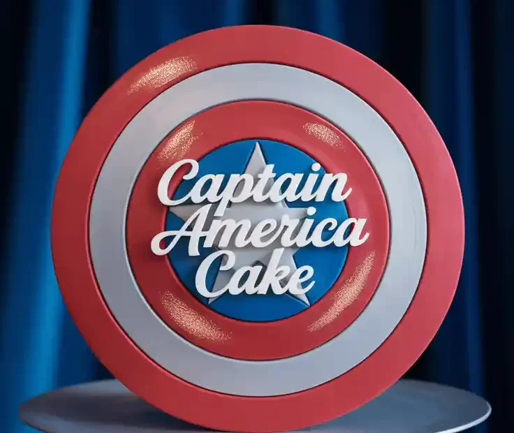 A vibrant Captain America shield cake on a stand, with the text overlay "Easy Captain America Cake Tutorial."