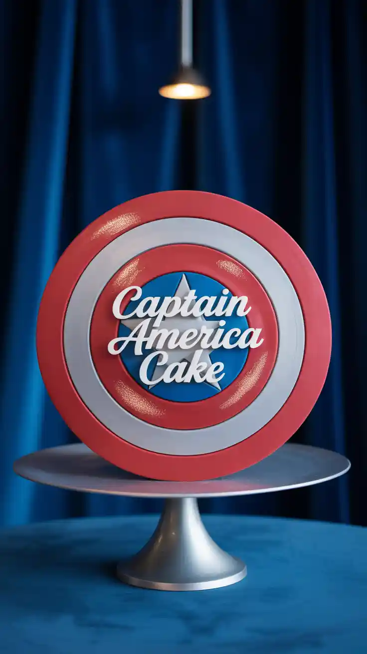 A vibrant Captain America shield cake on a stand, with the text overlay "Easy Captain America Cake Tutorial."