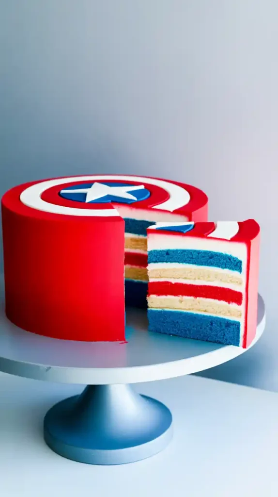 A full shot of the Captain America shield cake with one slice removed to show the impressive red, white, and blue layers inside.