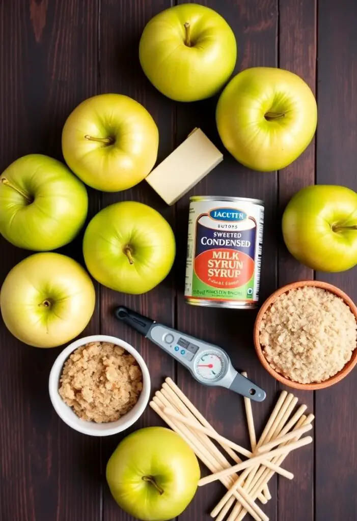 A rustic flat lay of ingredients for caramel apples: fresh Granny Smith apples, butter, brown sugar, corn syrup, and sweetened condensed milk on a wooden background.