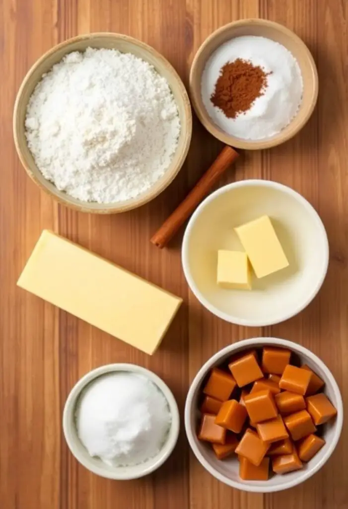 A warm, inviting flat lay collage of ingredients for caramel arrow cookies: a bowl of flour, instant espresso powder, cinnamon sticks, butter, sugar, and a bowl of soft caramel candies.