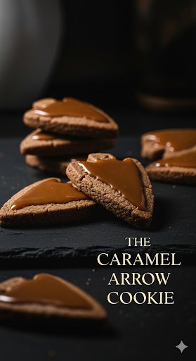 Text overlay "The Caramel Arrow Cookie" on a stylish, moody image of several arrowhead-shaped coffee cookies with a perfect caramel drizzle, arranged on a dark surface.
